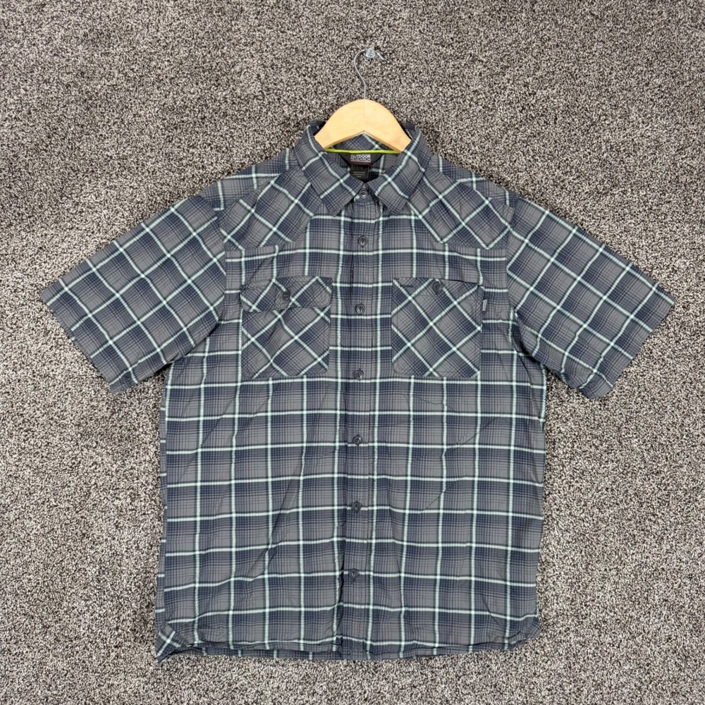 Outdoor Research Growler Shirt Mens L Blue Plaid Nylon Blend Pockets Button Up